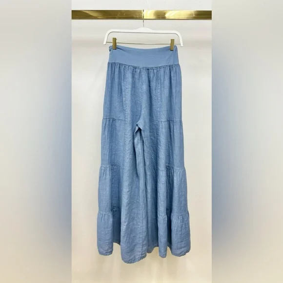 (2-36/255005-SOL-DENB) LINEN TIERED PALAZZO PANT - Picture 3 of 3